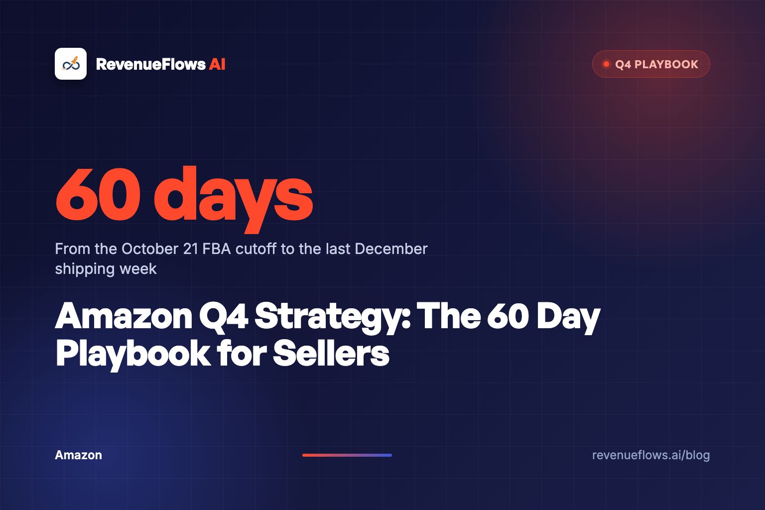 A navy war-room desk with a 60 day wall calendar, orange sticky notes on late November, and stacked cartons glowing at a warehouse dock behind it.